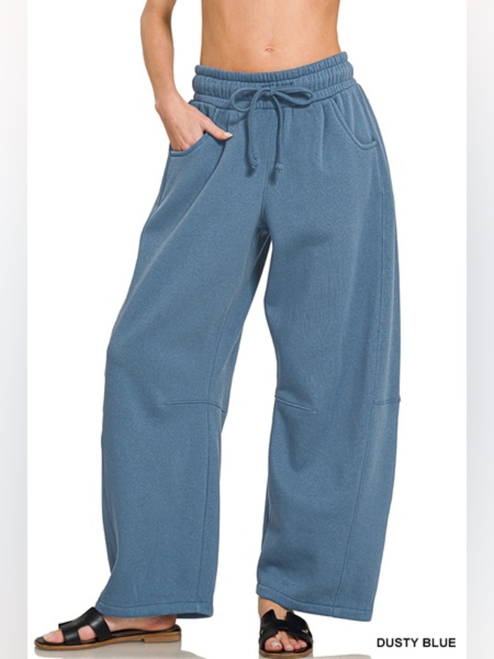 Zenana Outfitters Dusty Blue Barrel Drawstring Fleece Sweatpants